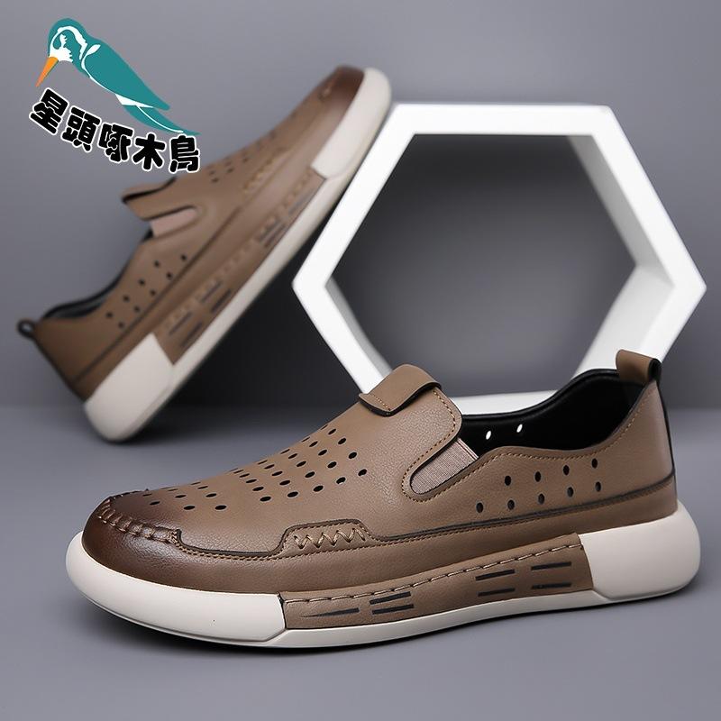 

2025 summer new men s hole breathable leather sandals men s casual big head shoes 38