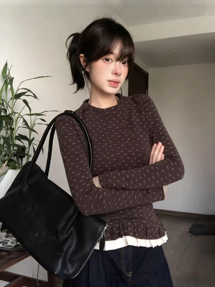Women's Floral Lace Flannel Long-Sleeve Top - Slimming, Double-Layered Design for Autumn/Winter