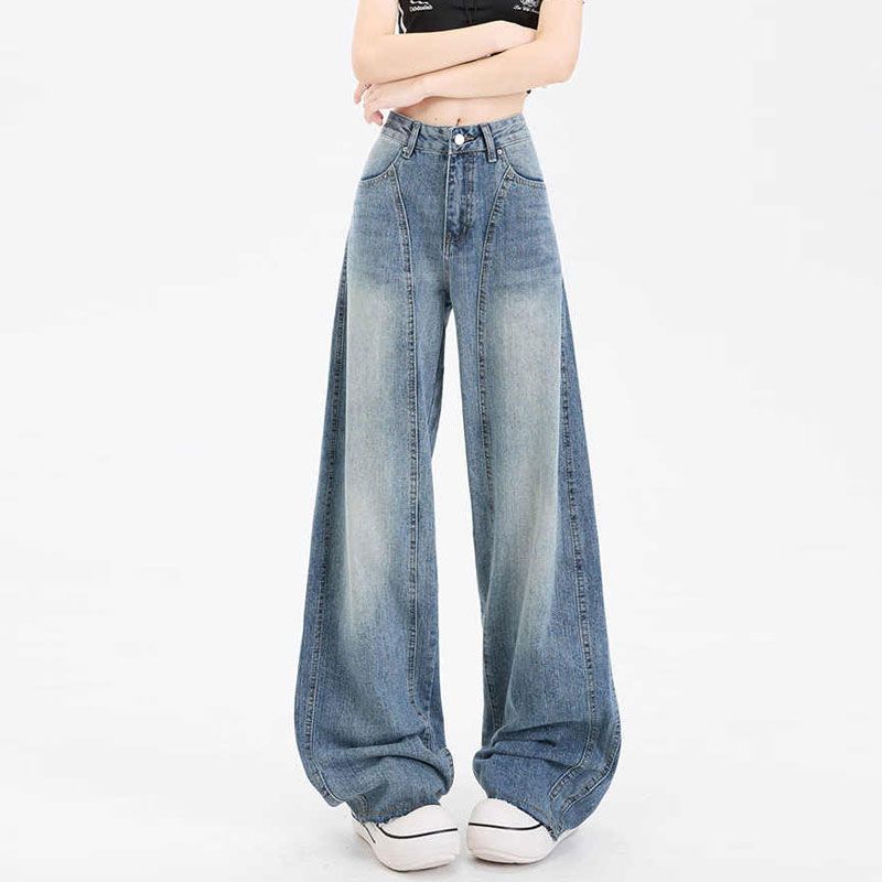 Comfortable High Waist Straight Draped Loose Large Yardage Vintage Aged Wide Leg Jeans Design Sense Trousers Jeans for Women Long Denim Pants