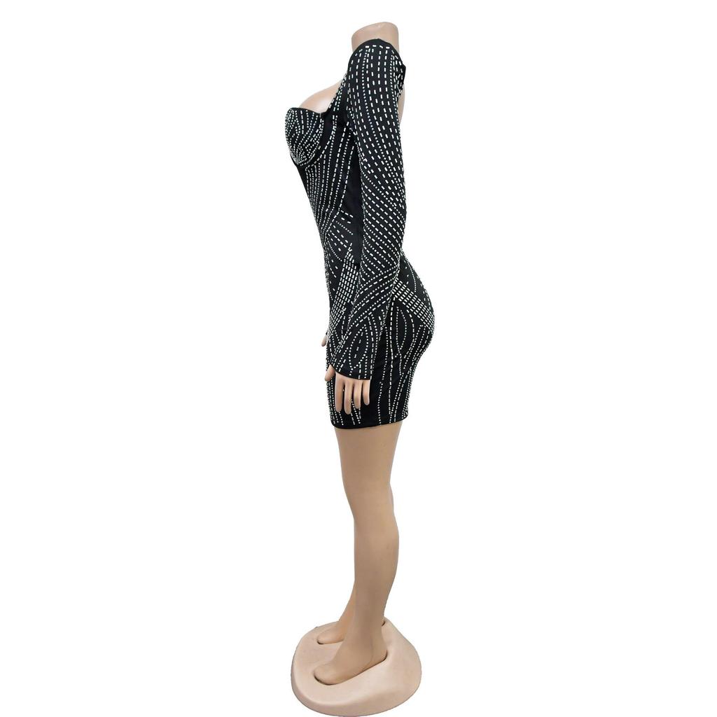Women's Fashion Solid Mesh Crystal Long Sleeve Dress