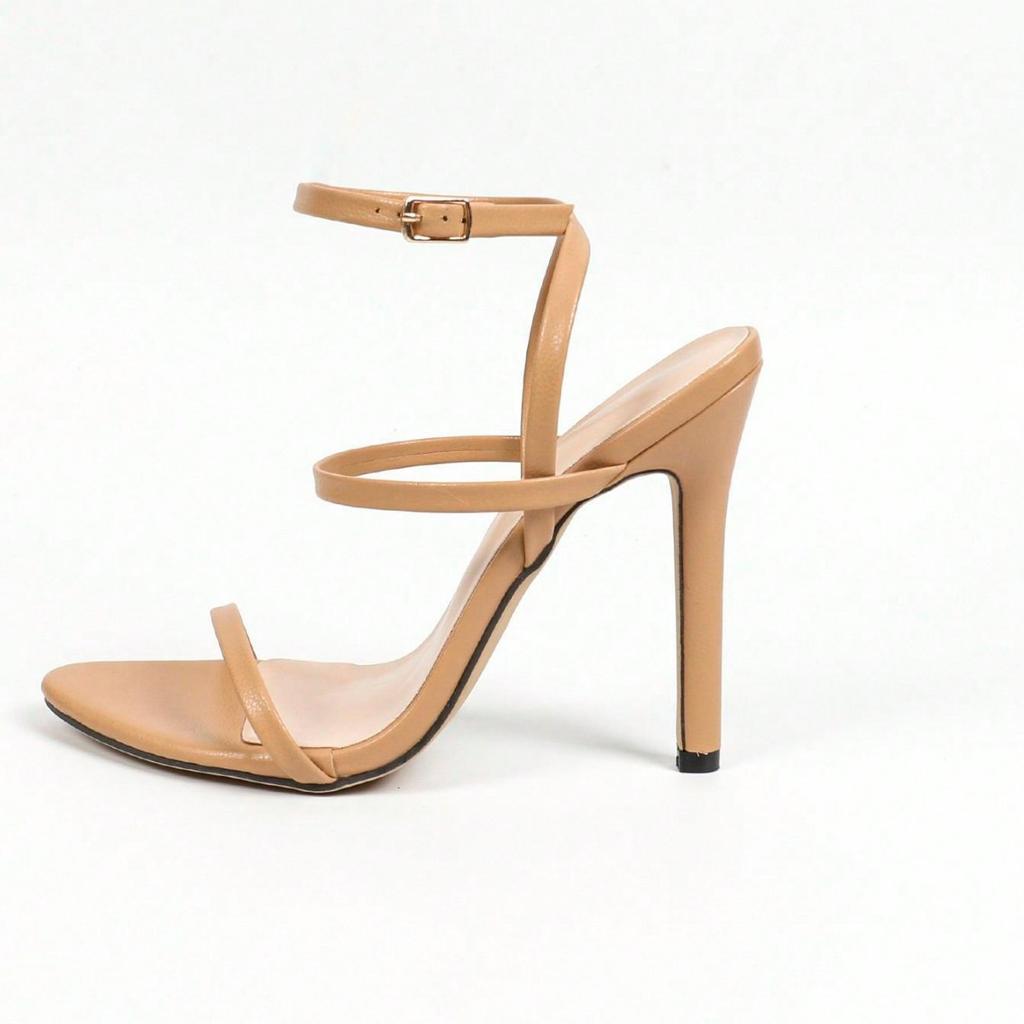 Women's round head solid color one-word buckle stiletto sandals apricot high heels