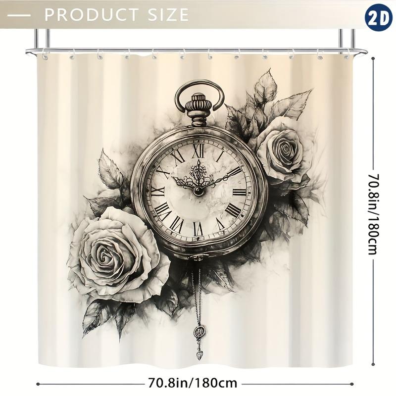 Pocket Watch & Roses Shower Curtain – Vintage Design, Durable Polyester with Hooks, for Bathrooms