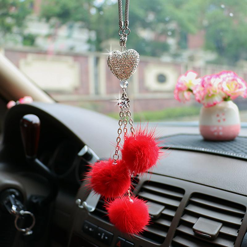 Rhinestone Crystal Plush Pendant Auto Rearview Mirror Ornament Car Mirror Hanging Accessories Car Interior Decoration