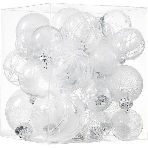 

Прозрачные елочные шары, 24 шт. Небьющиеся пластиковые декоративные елочные украшения, подвесной набор рождественских шаров с мягким деликатным наполнением Multi-Size/24-Pack белый