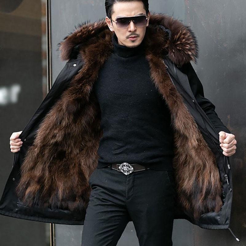 Men's Parka with Full Mink Fur Inner Liner New Winter Style Fur-on-skin Coat Imitated Mink Cashmere Mid-long Length Fur Coat