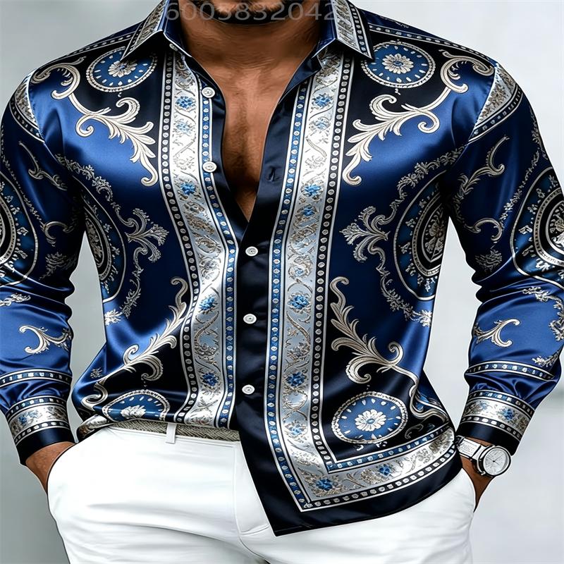 Men Silky Satin Button‑Down Shirt Vintage Silver Baroque Medallion Pattern Long Sleeve Turn‑Down Collar Male Banquet Party Casua