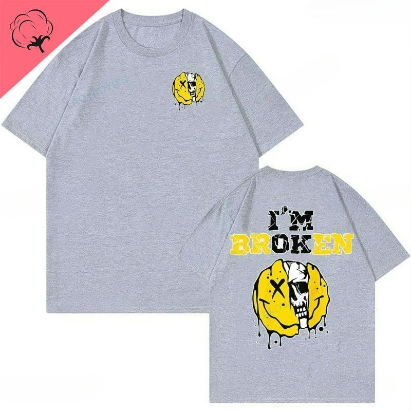High Quality Vintage Im Broken Skull 2 Sides Invisible Disease I'm OK Broken Men's Alphabet Printed Cotton Unisex T-Shirt