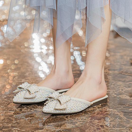 Paillette Bowknot Mules Woman Crystal&Beads Slippers Flats Low Heels Pantuflas Shoes Ladies Pointed Closed Toe Slides Flipflops
