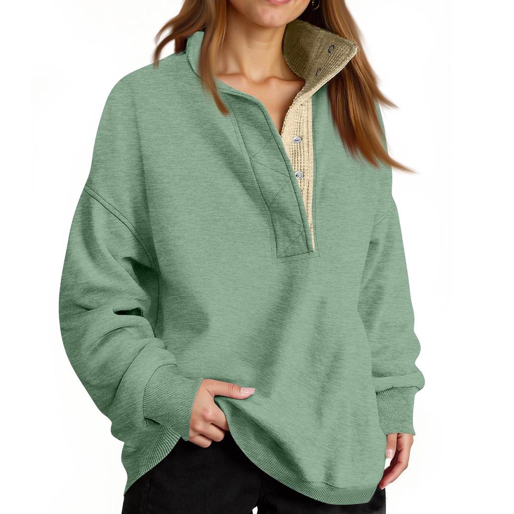 Women's Fashion Long Sleeve Solid Color Pullover Sweatshirt Casual Loose Button Sweatshirt