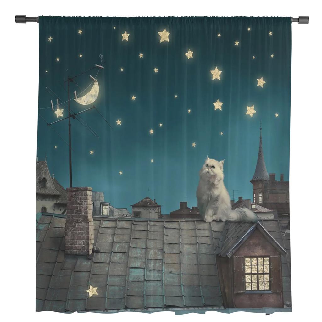 Cat Roof Kitten Night Moon Stars Tulle Sheer Curtains for Living Room Decoration Window Curtain for Bedroom Voile Organza Drapes