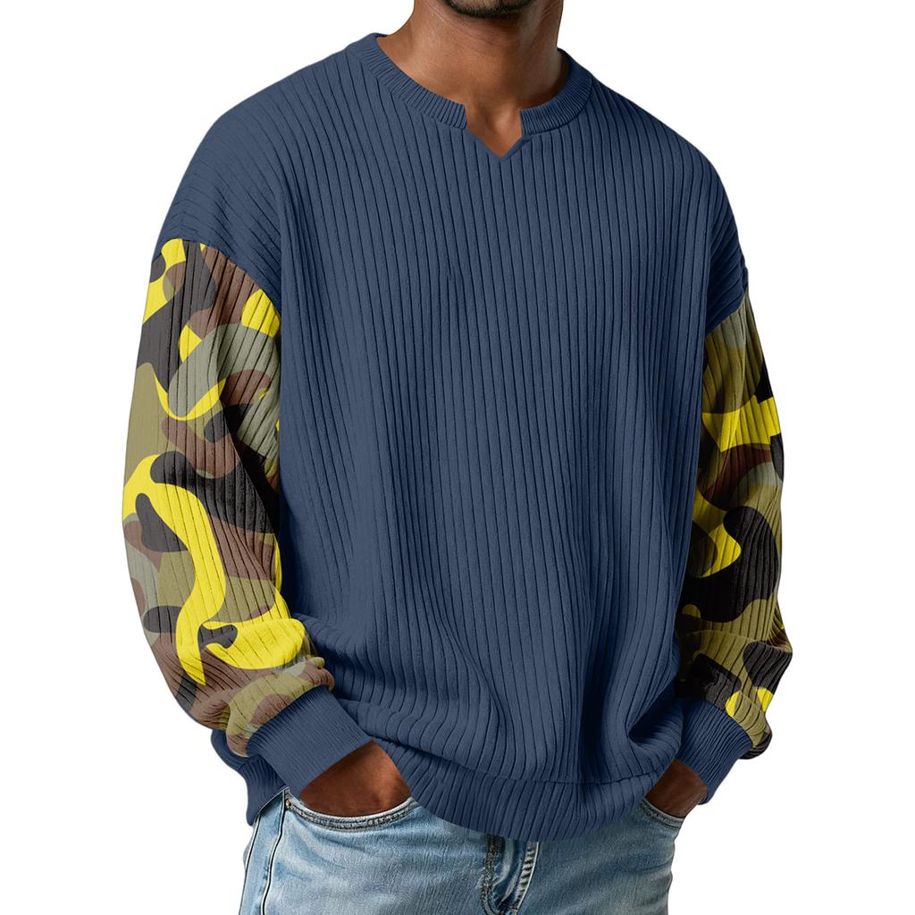Men's Camouflage Stylish V-Neck Ribbed Textured Long-Sleeve T-Shirt