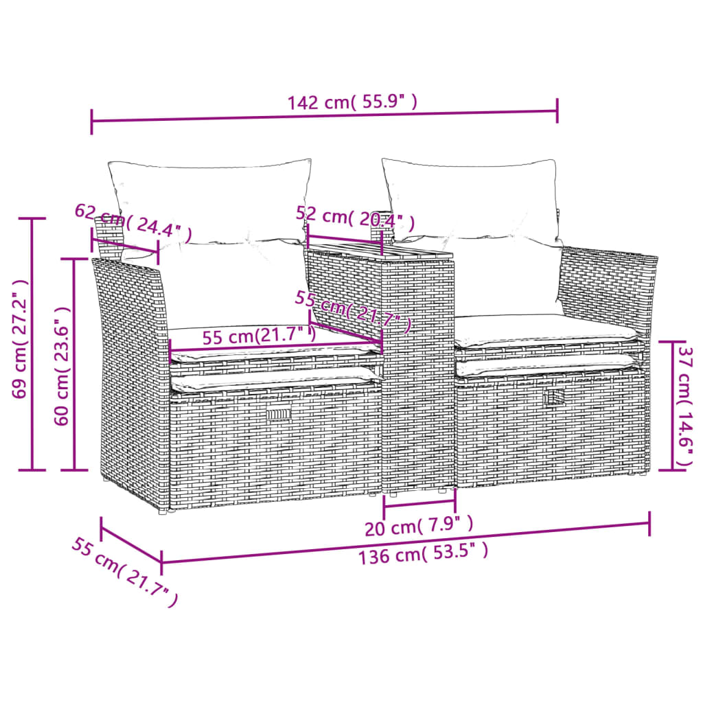 2 Seater Garden Sofa with Footstools Grey Poly Rattan