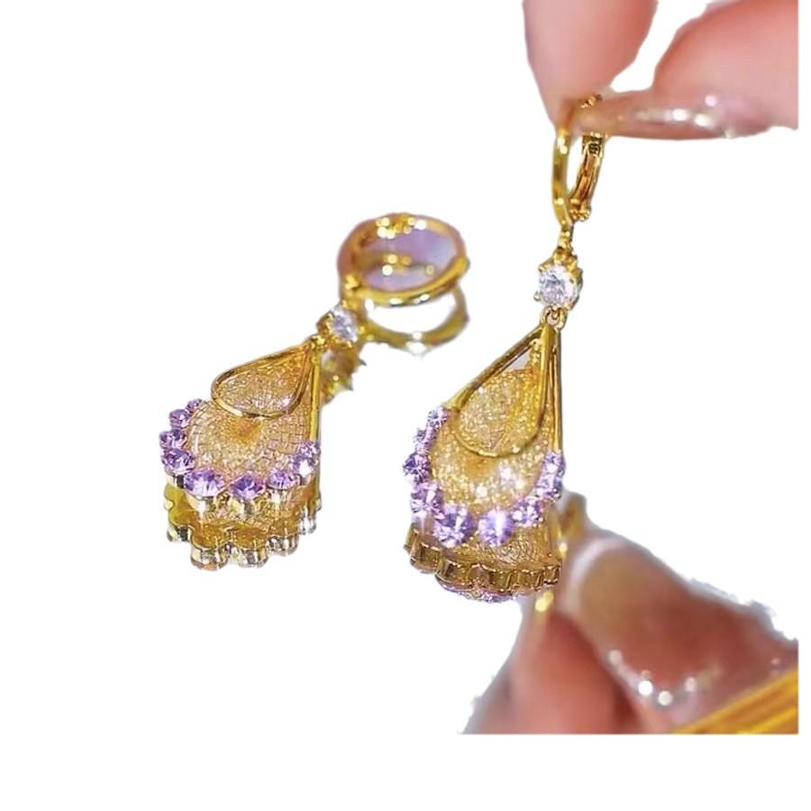 2025 Trend Gold Mesh Purple Crystal Earrings: Exquisite High-End Fashion Ear Cuffs
