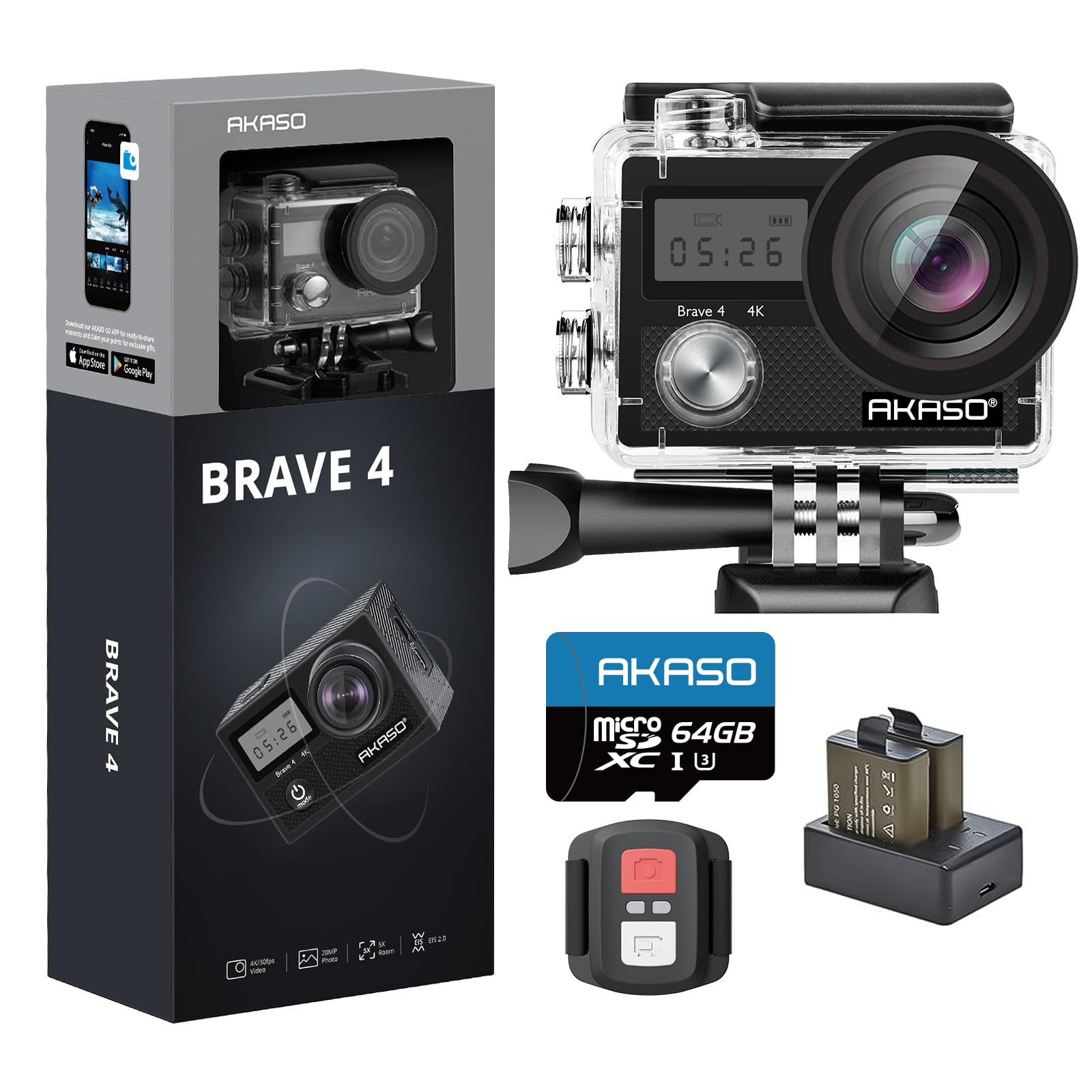 

AKASO Brave4 Action Camera 4K 20MP Image Stabilizer 5X Zoom Equipped with WiFi Compatible with External Microphone Underwater Camera 30M Waterproof