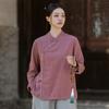 Johnature Women Vintage Shirts Tops Spring Chinese Style Solid Color Stand Button Long Sleeve Shirts