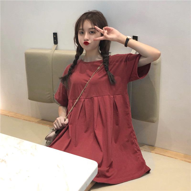 Maternity Summer Babydoll Dress - Short Sleeve, Mid-Length, Korean Style, Loose Fit, Plus Size, Round Neck Skirt