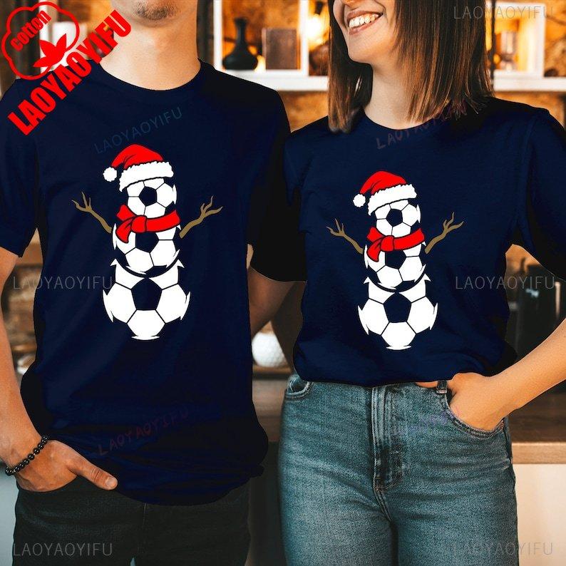 FOOTBALL SNOWUnisex Christmas Cotton TShirt Rudolph Reindeer Santa Hat Festival Gift Soccer Ball Costume Xmas Family Holiday Shirt
