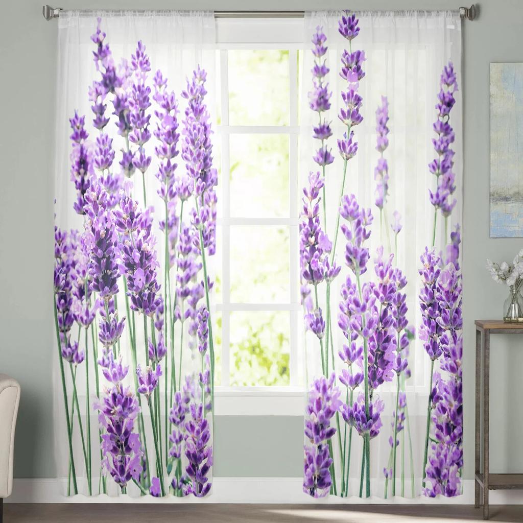 Lavender Plant Flowers Sheer Curtains for Bedroom Living Room Voile Window Drapes Light Filtering Tulle