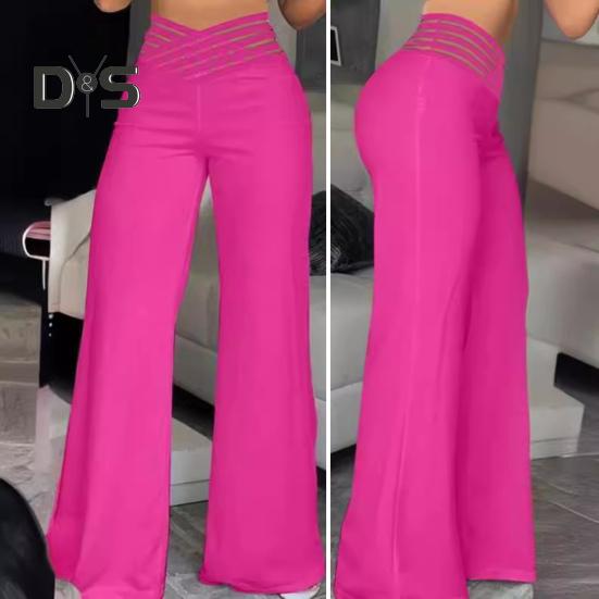 Women Wide Leg Pants High Waist Hollow Cross Waistband Slightly Flared Trousers Solid Color Casual Long Pants Streetwear