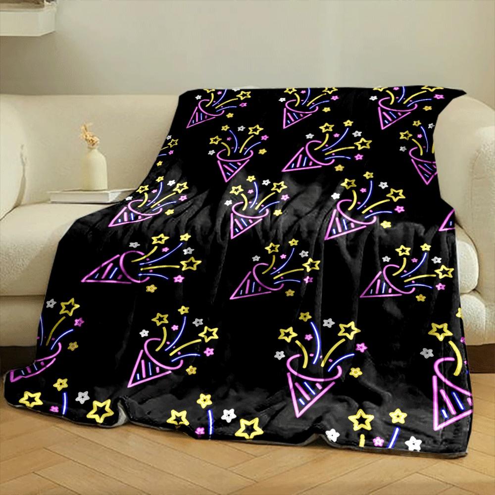 Festive neon party poppers with colorful stars on a black background. for all seasons blanket lunch break throw gift