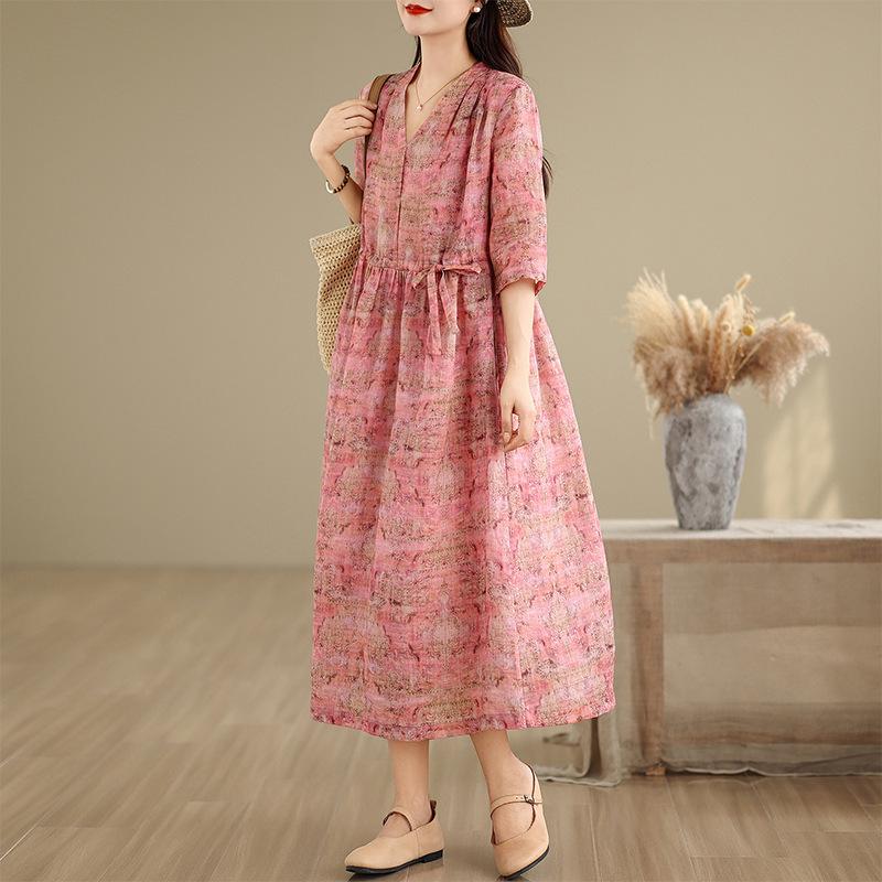 2026 Cotton Linen V-neck Lace-up Plus Size Elegant Summer Dress
