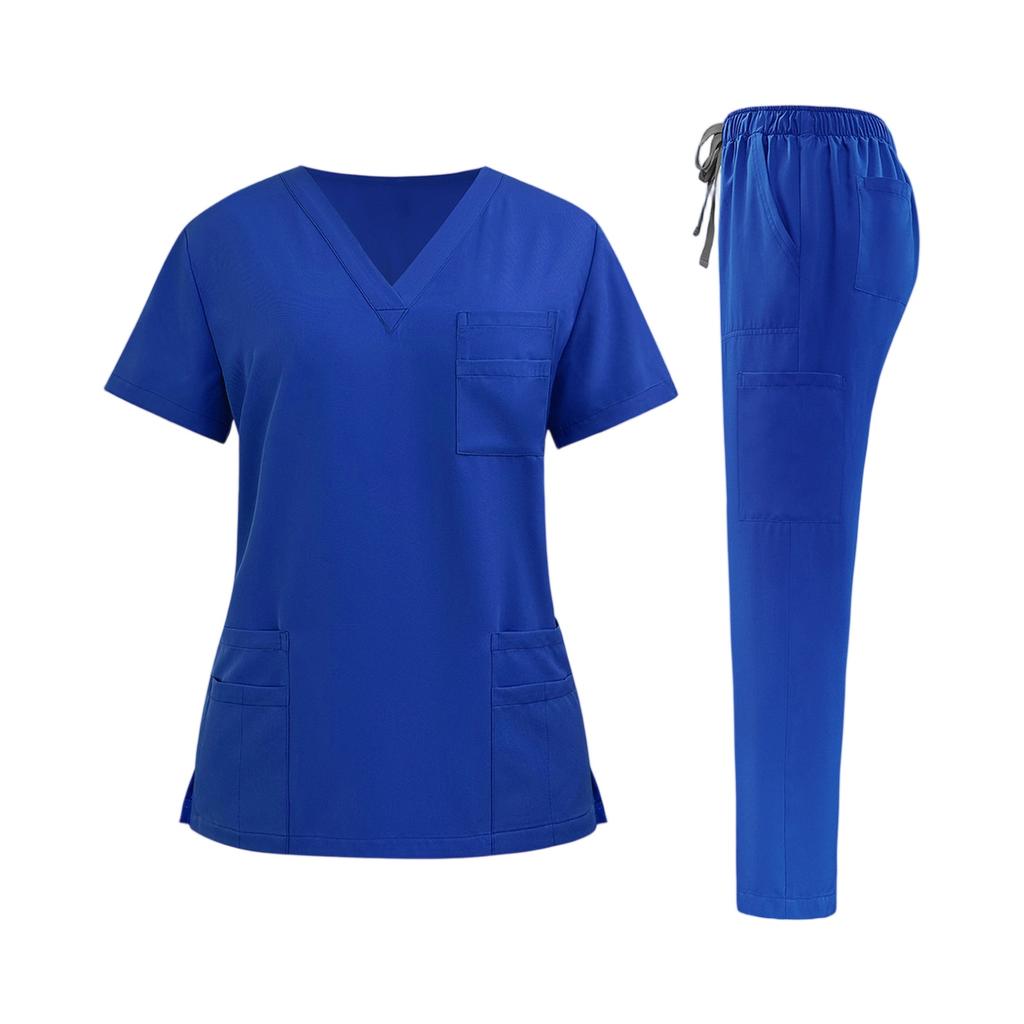Damen Krankenpfleger Uniform Set Schnelltrocknendes Gewebe V-Ausschnitt Kurzarm Oberteil mit Taschen und Elastischem Bund Lange Hose Medizinische Arbeitskleidung Set