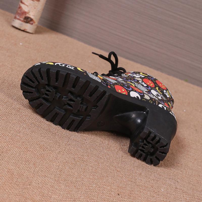 Halloween Pumpkins Print Platform Ankle Boots Women 2024 Autumn Side Zip High Heels Boots Woman Pu Leather Thick Heeled Booties