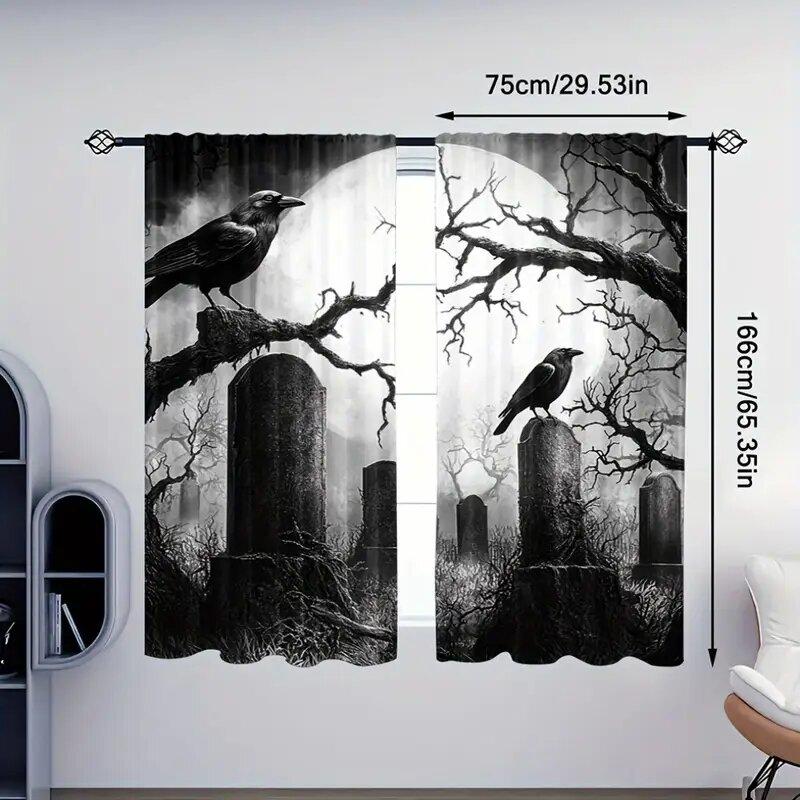 Zasłony z nadrukowanym wzorem sceny gotyckiego cmentarza na Halloween, dekoracje okienne, dekoracje domu, dekoracje pokoju
