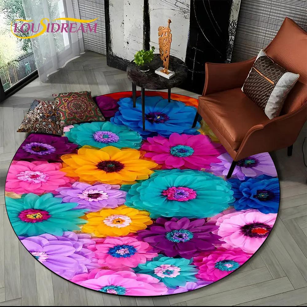 3D Daisy Nordic Flower Sunflower Round Area Rug,Carpet for Living Room Children's Bedroom Sofa Playroom Decor,Non-slip Floor Mat