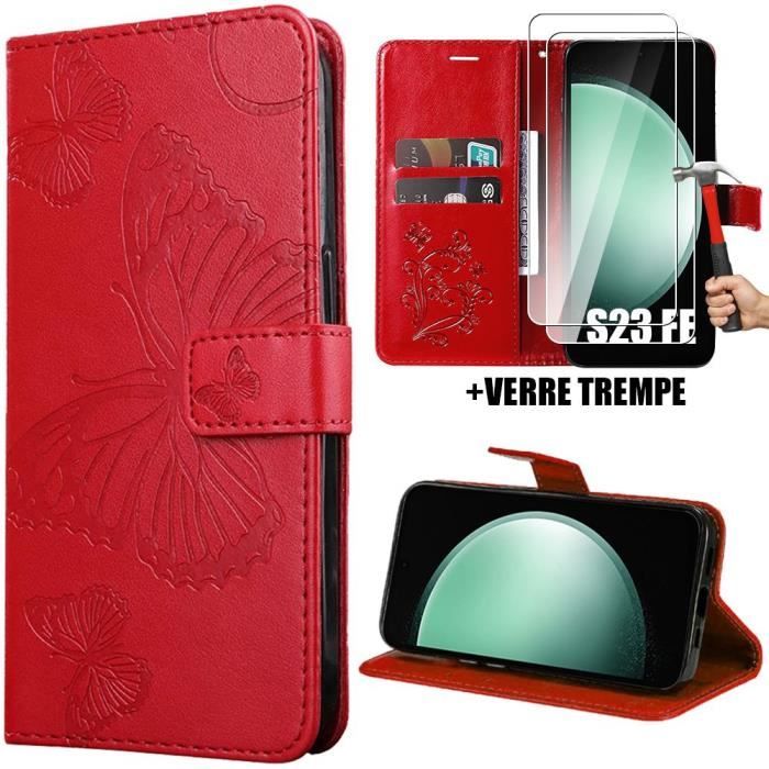 Coque et Verres Trempés - BOOLING - pour Samsung Galaxy S23 FE - Rouge - Papillon - Protection Anti-Rayures