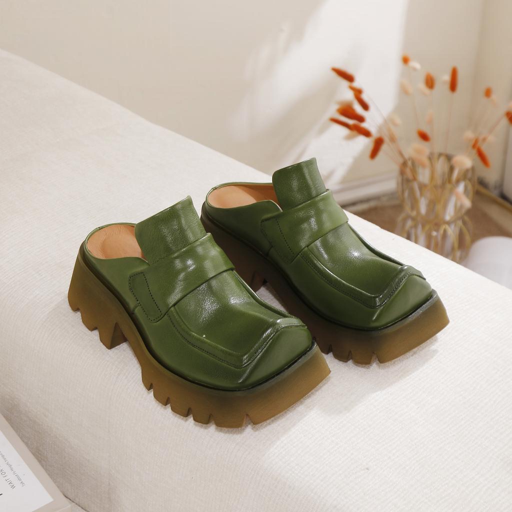 Johnature Retro Genuine Leather Square Toe Thick Soled Outdoor Slippers Thick Heel Women's Slip-on Shoes