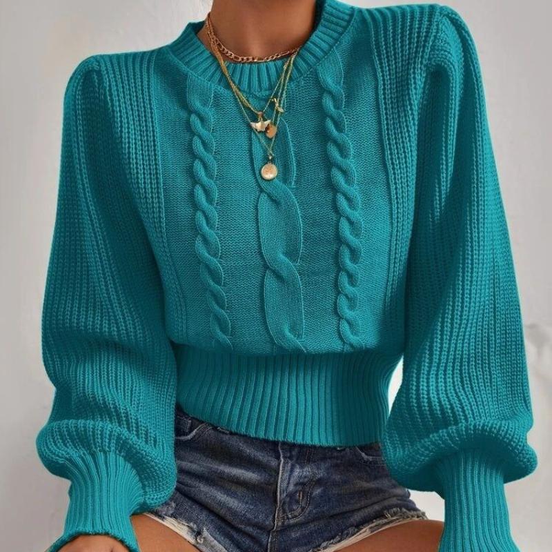 

Сплошной цвет вязаный свитер женский пуловер с круглым вырезом и рукавами-фонариками топ one size зелёный