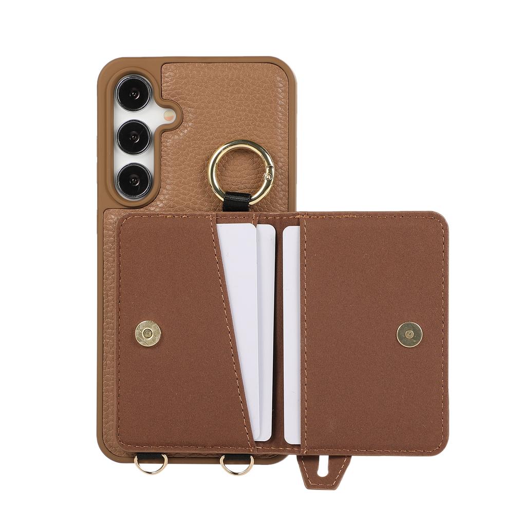 Wristband Ring Holder Magnetic Cards Solt Leather Wallet Case For Samsung S25 Ultra S24 Plus S23 S22 long Lanyard kickstandCover