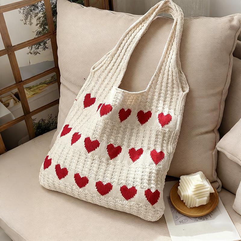 Fashi Heart Shape Pattern Knit Tote Bag Retro Women's Handbag Large Capacity Female Woven Shopper Purse Travel Bag