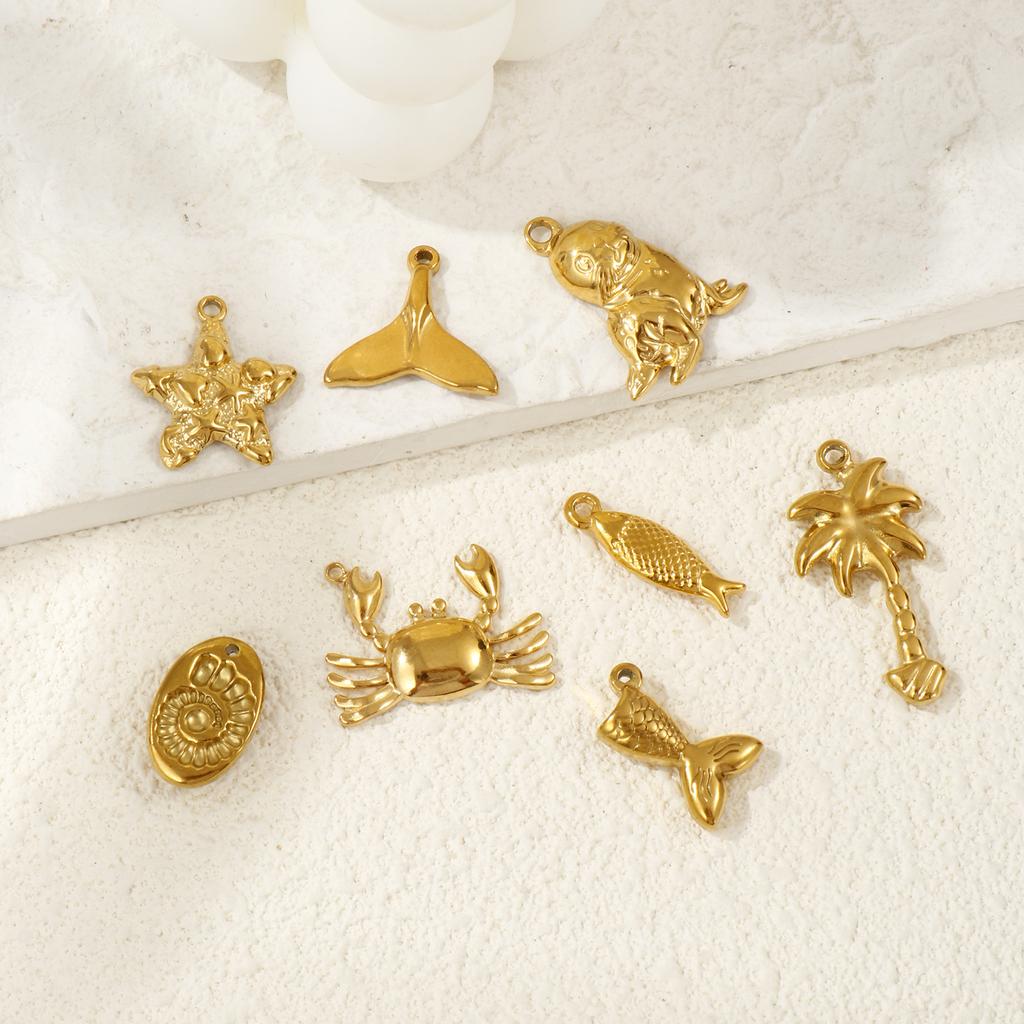 2 Pcs 304 Stainless Steel Ocean Charms 18K Gold Plated Starfish Conch Seal Coconut Tree Pendants For DIY Necklace Jewelry Making