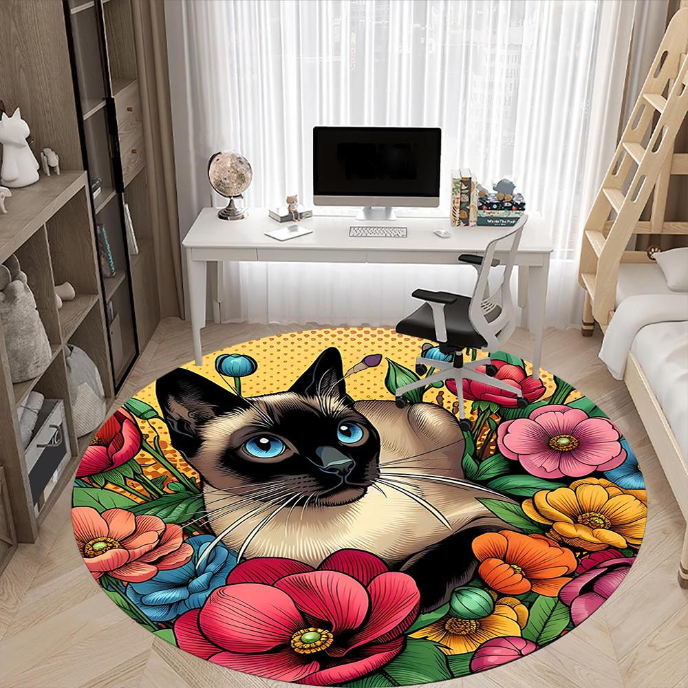 1pc Cat Floral Decor Office Round Rug, Carpet for Office, Gaming, Lightweight Round Floor Mat yy260208083