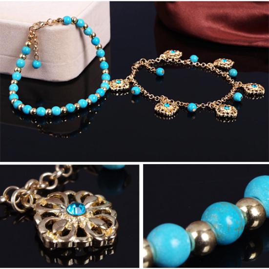 Boho Double Layers Rhinestone Flower Turquoise Foot Chain Anklet Ankle Bracelet