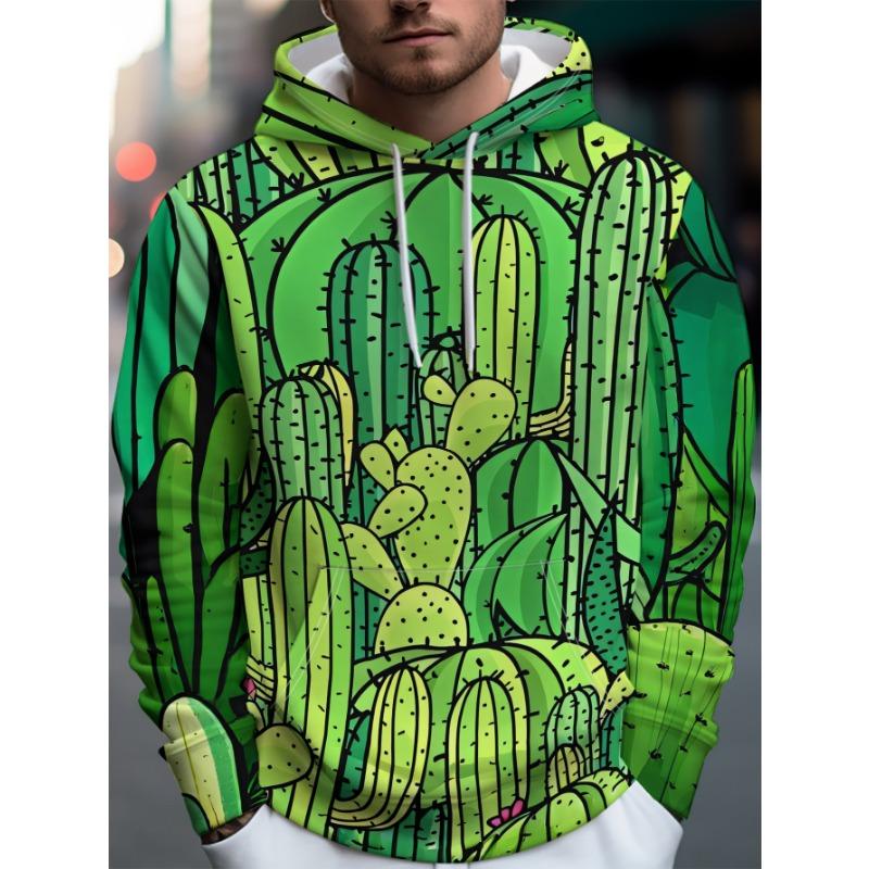 Men's Cactus Print Hooded Sweatshirt Loose Casual Pullover Autumn New Drawstring Long-sleeved Top