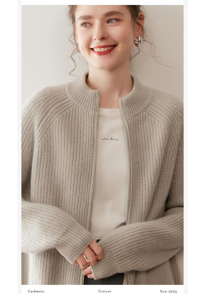 Women's Cashmere Double Zipper Stand Collar Cardigan - Thick Loose Knitwear for Autumn