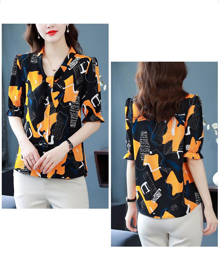 Eleganckie koszule damskie Letnia moda Uniwersalna bluzka z nadrukiem w serek Kobiecy temperament Marszczona koszula z krótkim rękawem z szyfonu Popularna