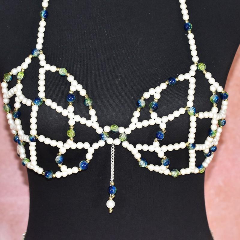 Womens Body Chain Set With Glass Bead Accent Fashionable Bra Top Waist Skirt Outfit Party Evening Wear