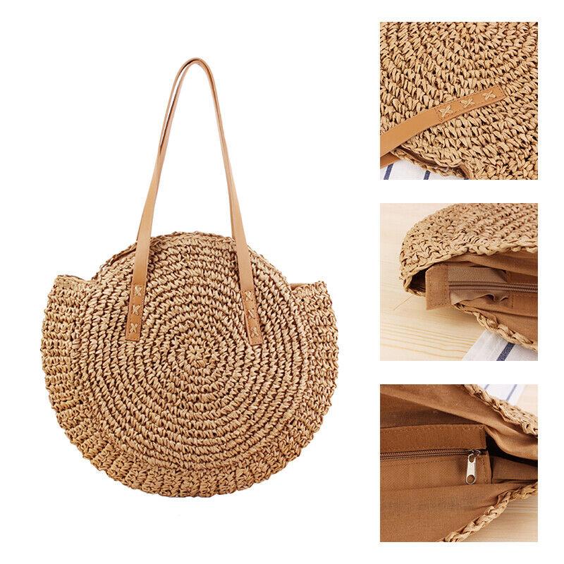 Women Boho Woven Handbag Summer Beach Tote Straw Bag Round Rattan Shoulder Bag