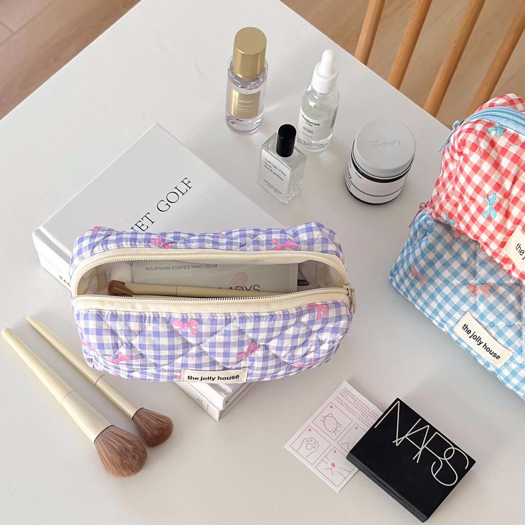 2024 Large Capacity Plaid Bow Pencil Case & Makeup Bag for Girls
