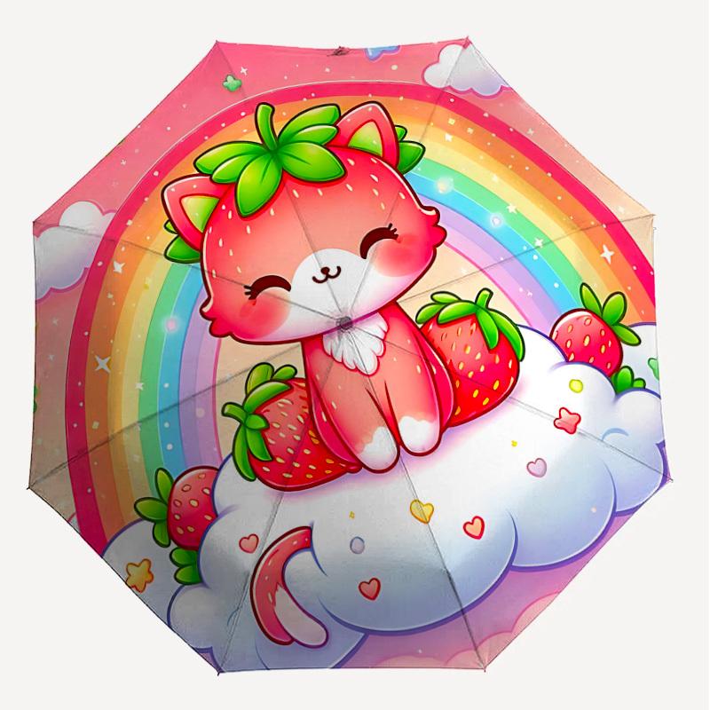 1PC Strawberry Cat Automatic Open/Close Umbrella with Windproof, 8-Rib Sturdy Canopy, Durable Ribs, Fashionable Design1399A