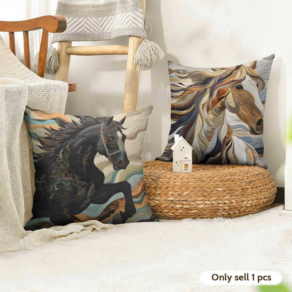 Printing Stylish Horse Cushion Cover Natural Linen Organic Fabric DoubleSided Printing Couch Pillow Covers Home Decor