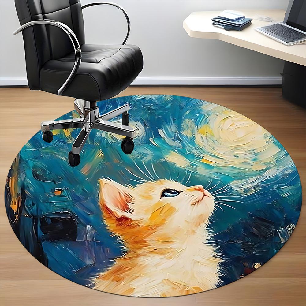 1pc Cat Night Office Round Area Rug,  Mat Suitable For Office, Under Office Chairs Bedroom Living Room Home Decor, Room Deco