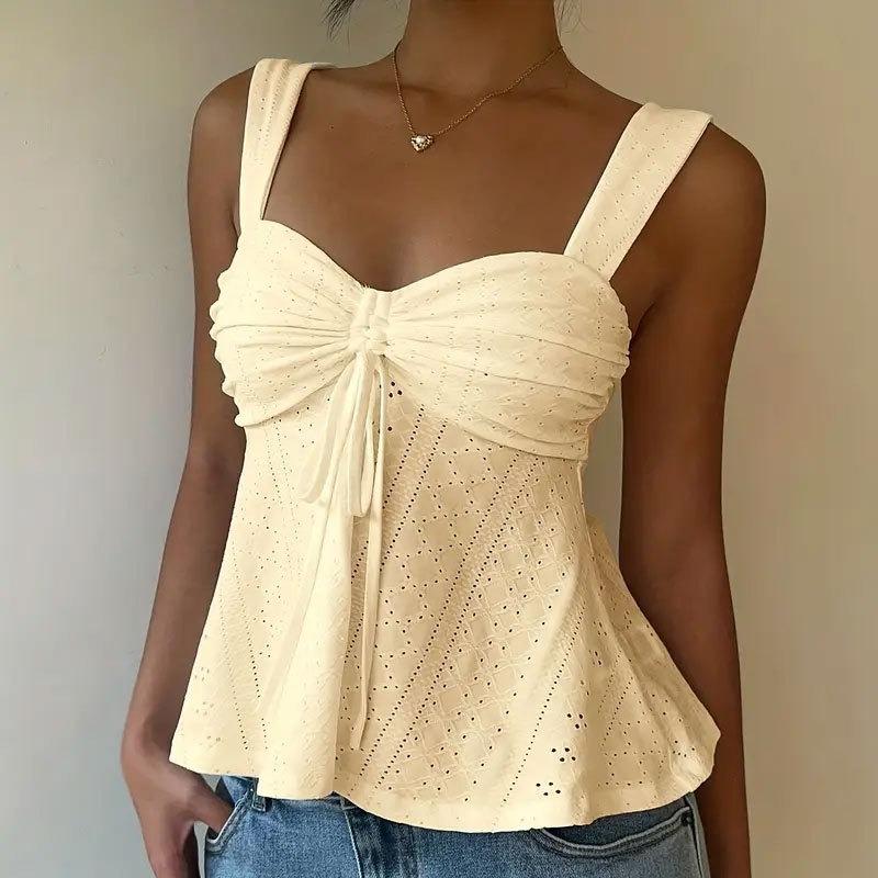 Women's White Eyelet Embroidery Twist Front Peplum Camisole Top