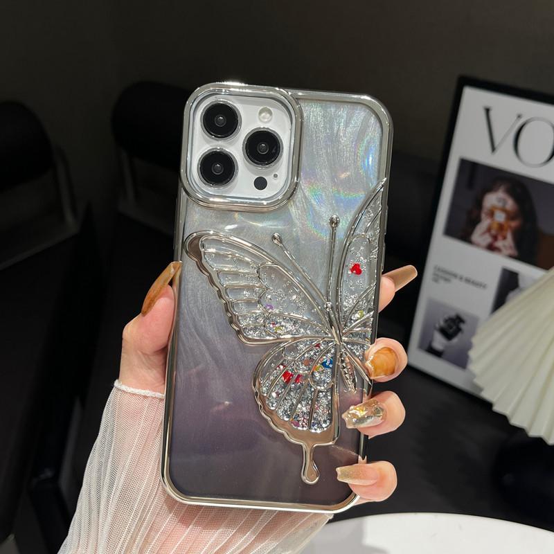 Płynny piasek Trójwymiarowy motyl Pasuje do etui na telefon komórkowy IPhone16proMax Elektroplaterowane pióro Piaskowy gradient Etui ochronne Apple 15