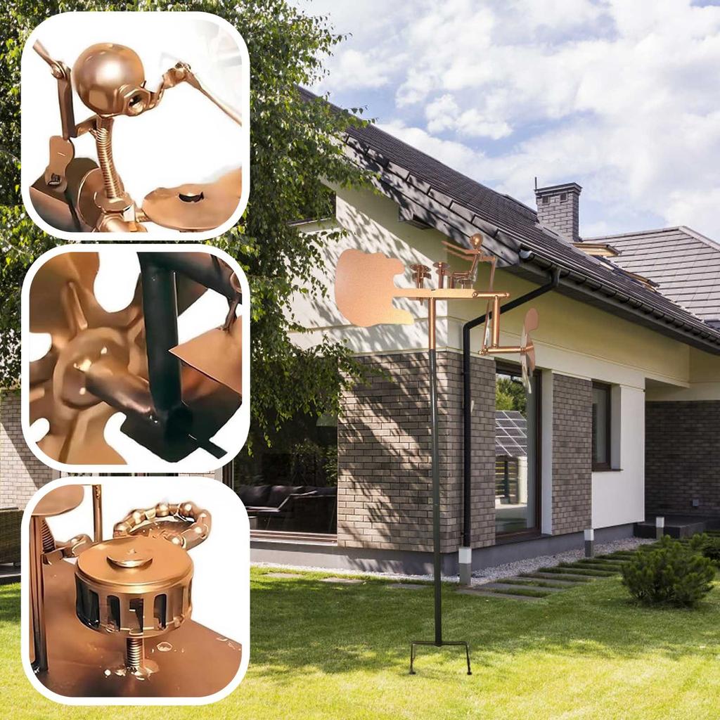 Mulinello a Vento Batterista in Metallo Fatto a Mano, Decorazione da Giardino Mulinello a Vento Batterista, Statuette Musicali Percussionista, Scultura Divertente Azionata dal Vento