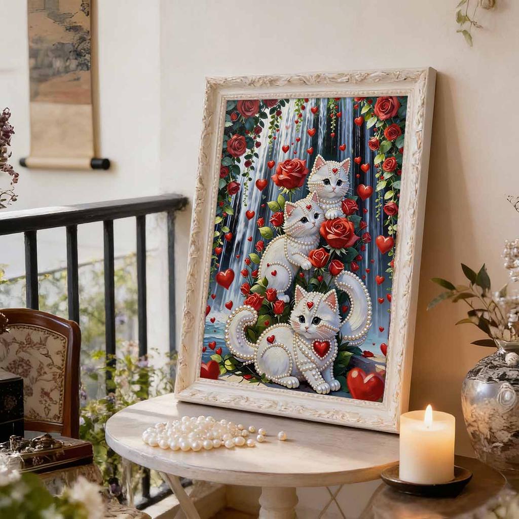 Handmade DIY Pearl Painting Roses and Cats Theme Bedroom Living Room Frameless Diy Handmade Sticky Diamond Creative Canvas Painting